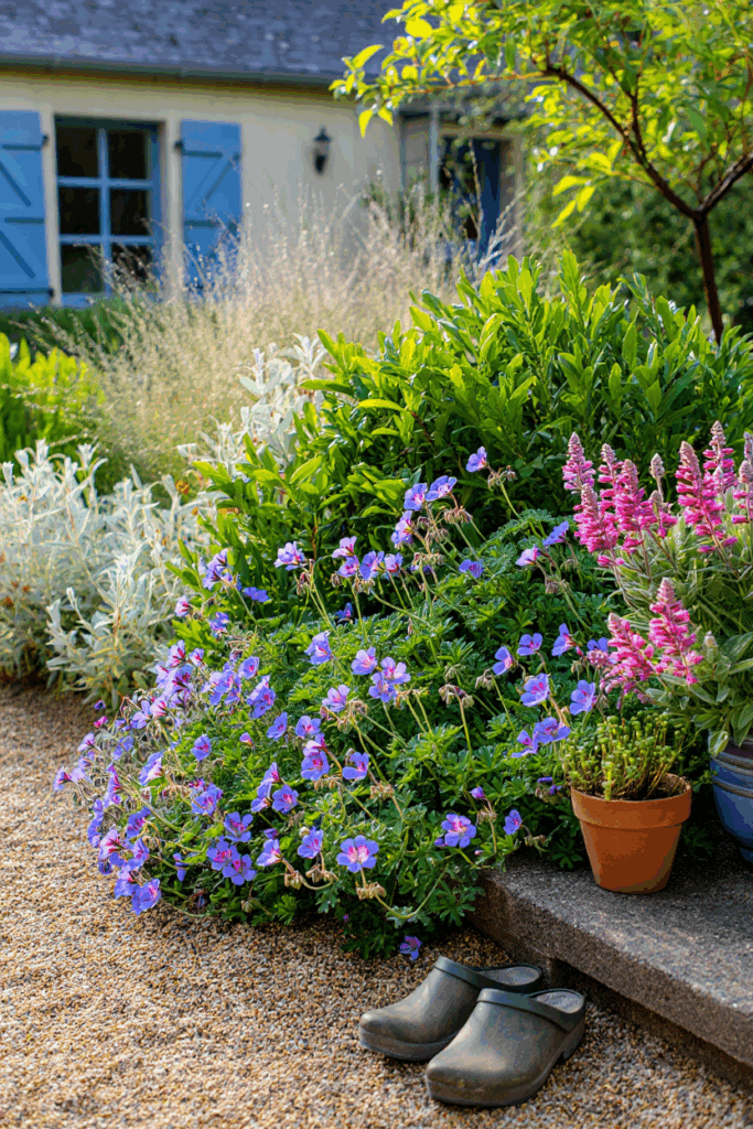 Geranium 'Rozanne' weaves between stone paths and salvia spires, bringing long-lasting color and softness to sunny cottage borders.
